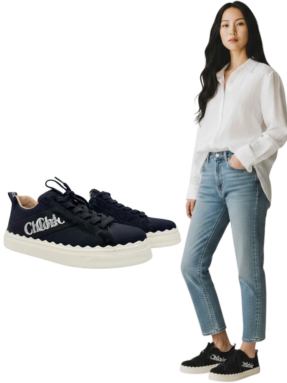 Chloe Lauren Low Top Canvas Embroidered Logo Sneakers Black Size 41